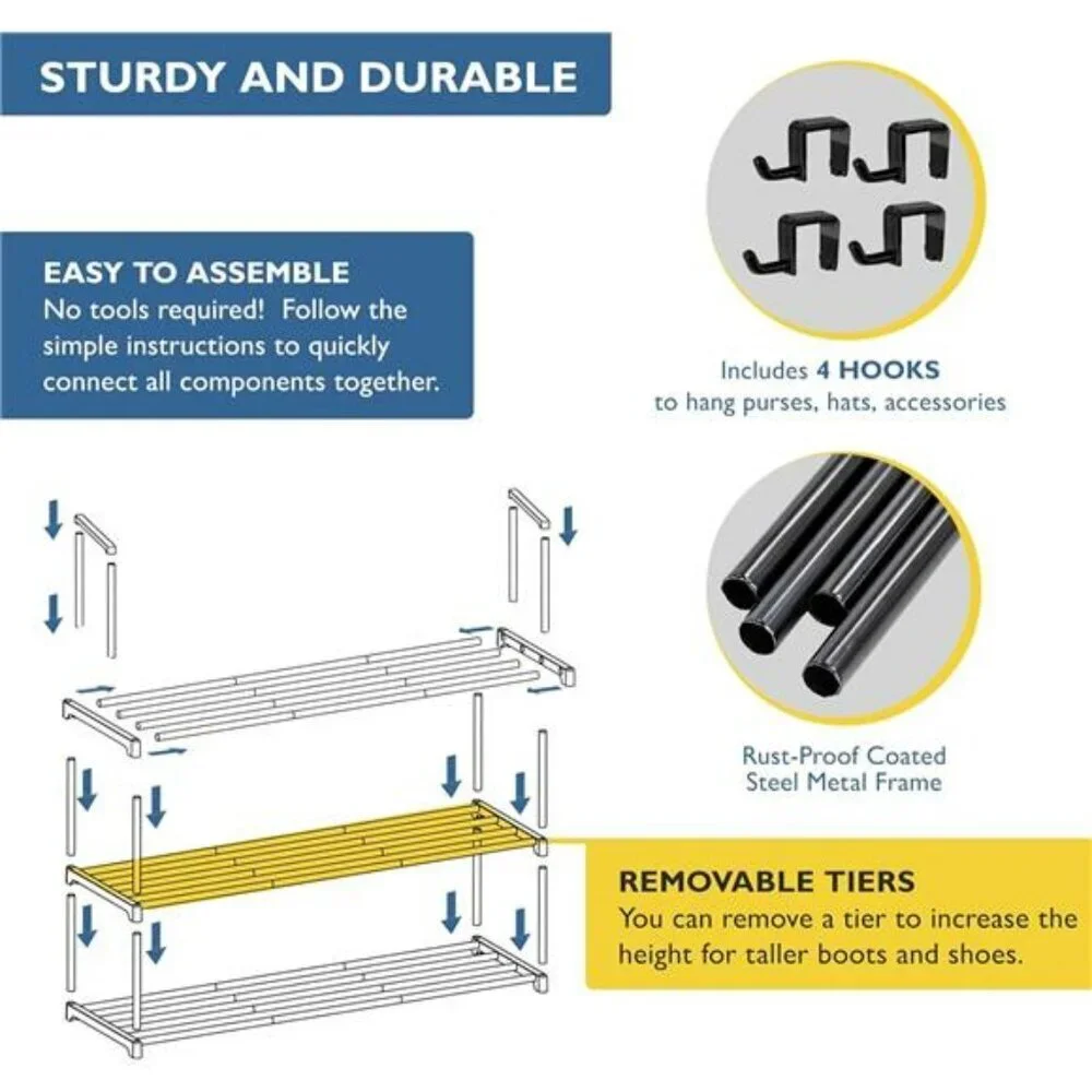 Shoe Rack 3 Tier Metal Organizer Shelf Entryway Closet Storage Holds 15 Pairs